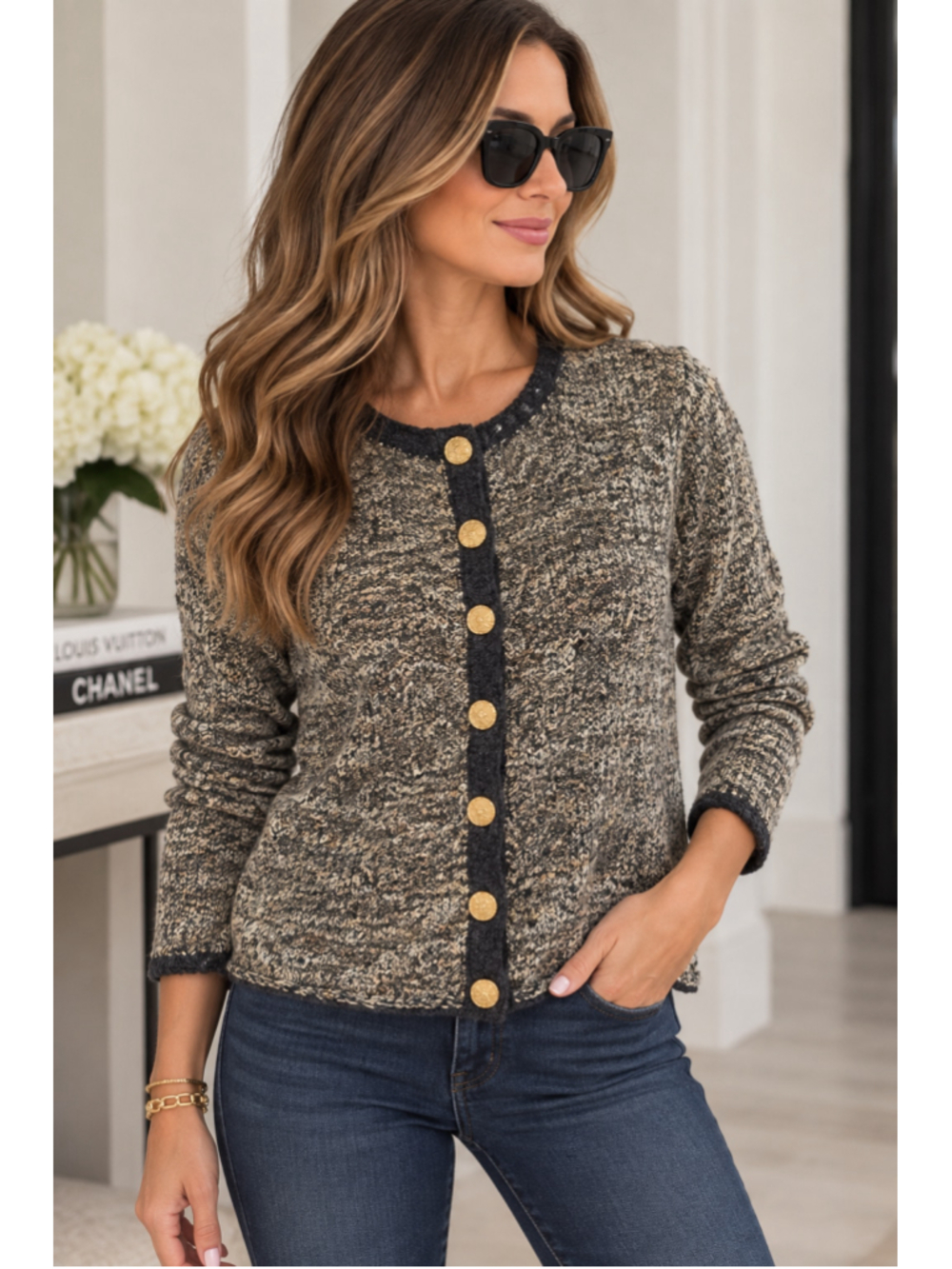 Ani Barrie Vintage Marled Knit Cardigan Sweater Gold Buttons Size M
